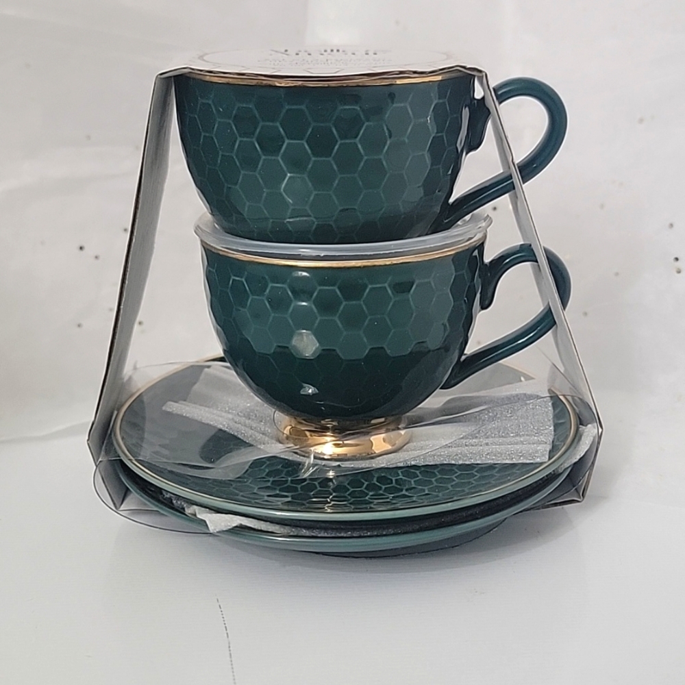 Abeille & Armour Espresso Green & Gold Rim Cup & Saucer, Set of 2, New-in-Pack
